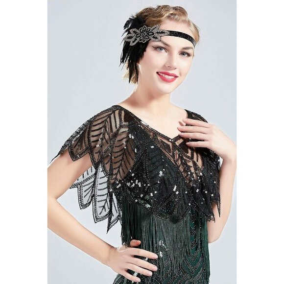 BABEYOND 1920s Sequin Black Shawl Wrap Evening Cape Bridal Bolero Flapper Cover - Picture 3 of 7